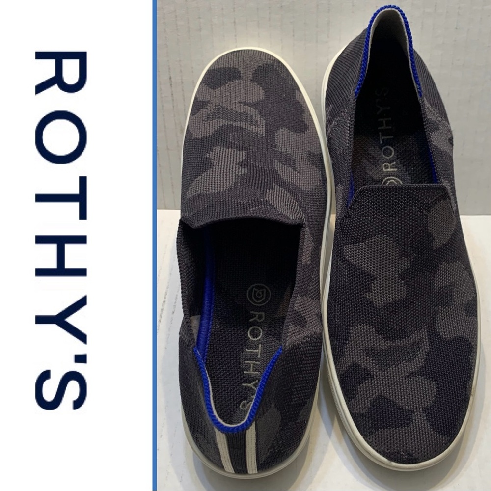 Rothy’s Original Slip On Sneakers Black Grey Camo Women’s Size 9 VGUC